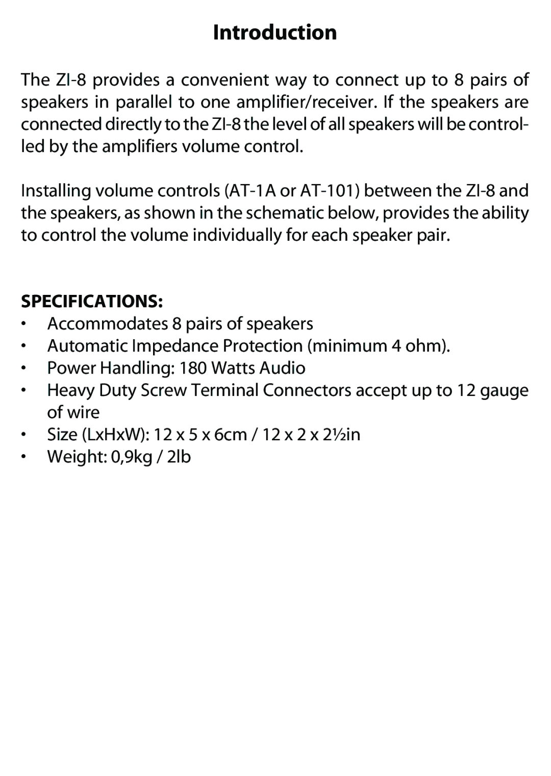 JAMO ZI-8 manual Introduction, Specifications 