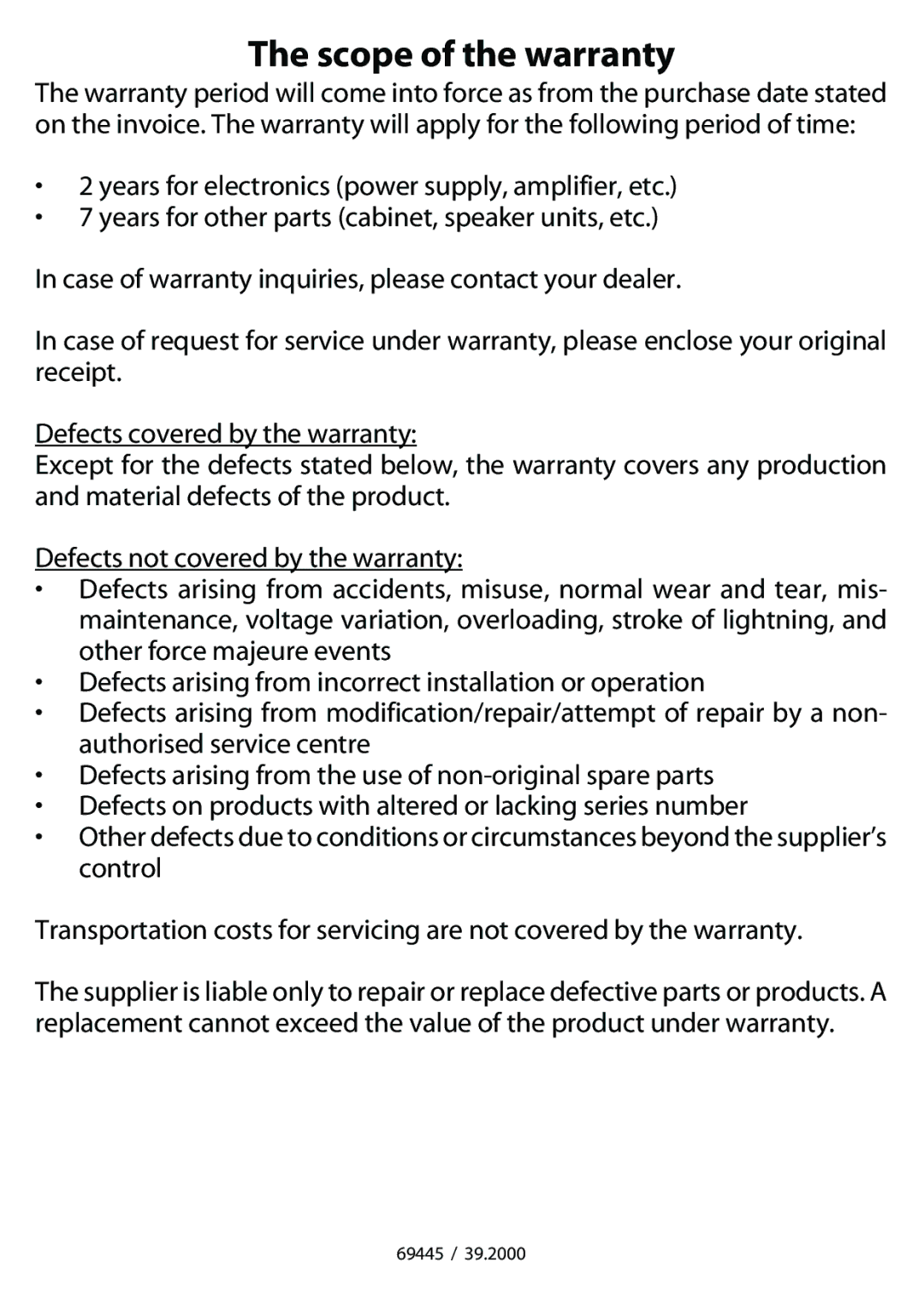 JAMO ZI-8 manual Scope of the warranty 