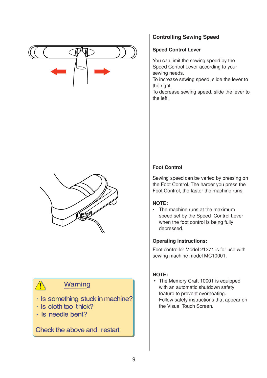 Janome 10001 manual Speed Control Lever, Foot Control 