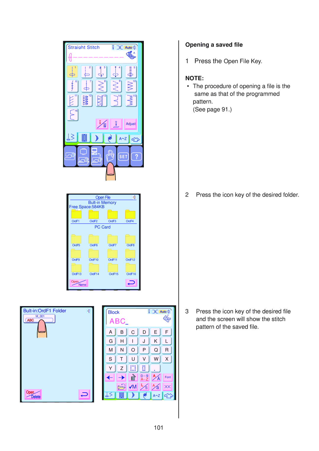 Janome 10001 manual Opening a saved file, Strai ght Stitch 