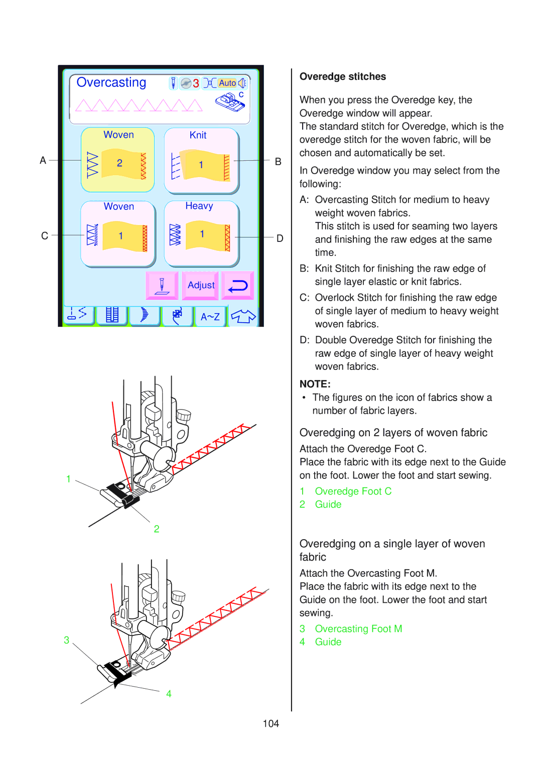 Janome 10001 manual Overedging on 2 layers of woven fabric, Overedging on a single layer of woven fabric, Overedge stitches 