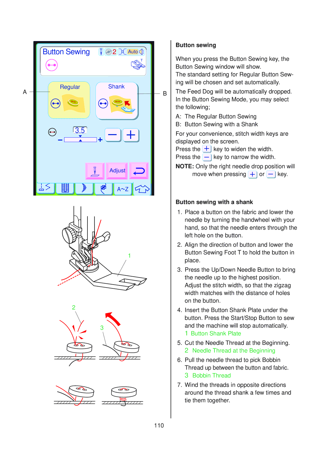 Janome 10001 manual Button Sewing, Button sewing with a shank 