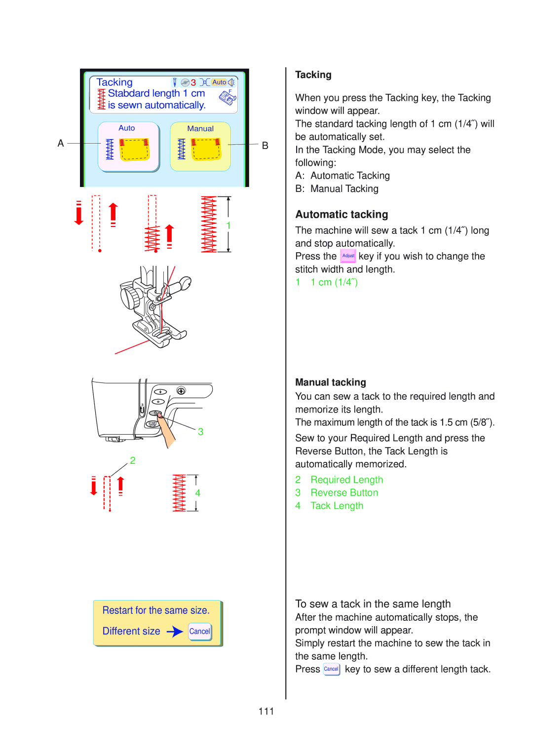 Janome 10001 manual To sew a tack in the same length, Manual tacking 