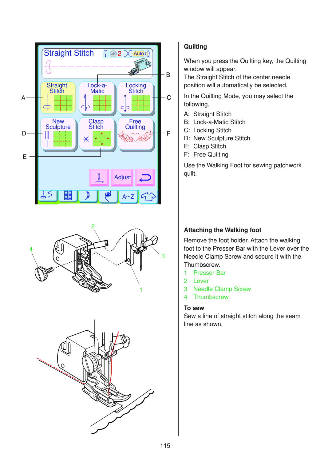 Janome 10001 manual Quilting, Attaching the Walking foot 