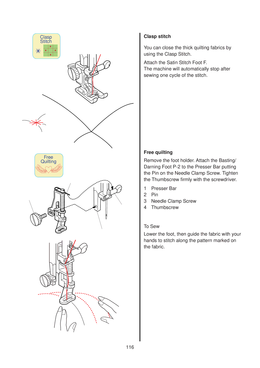 Janome 10001 manual Clasp stitch, Free quilting 