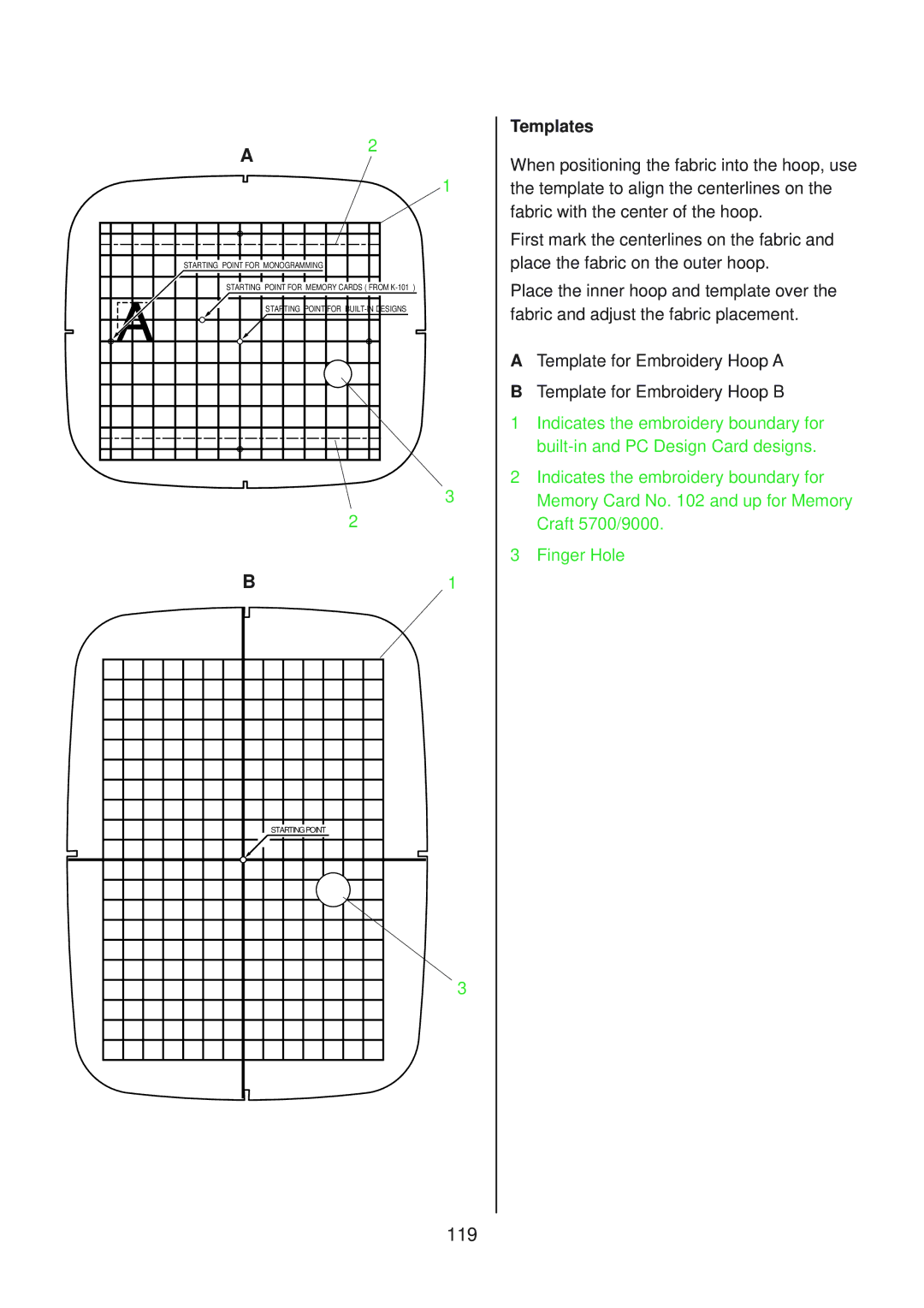 Janome 10001 manual 119, Templates 