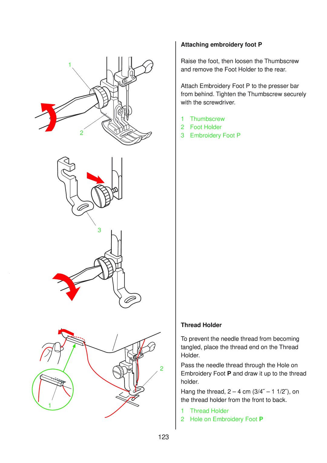 Janome 10001 manual 123, Attaching embroidery foot P, Thread Holder 