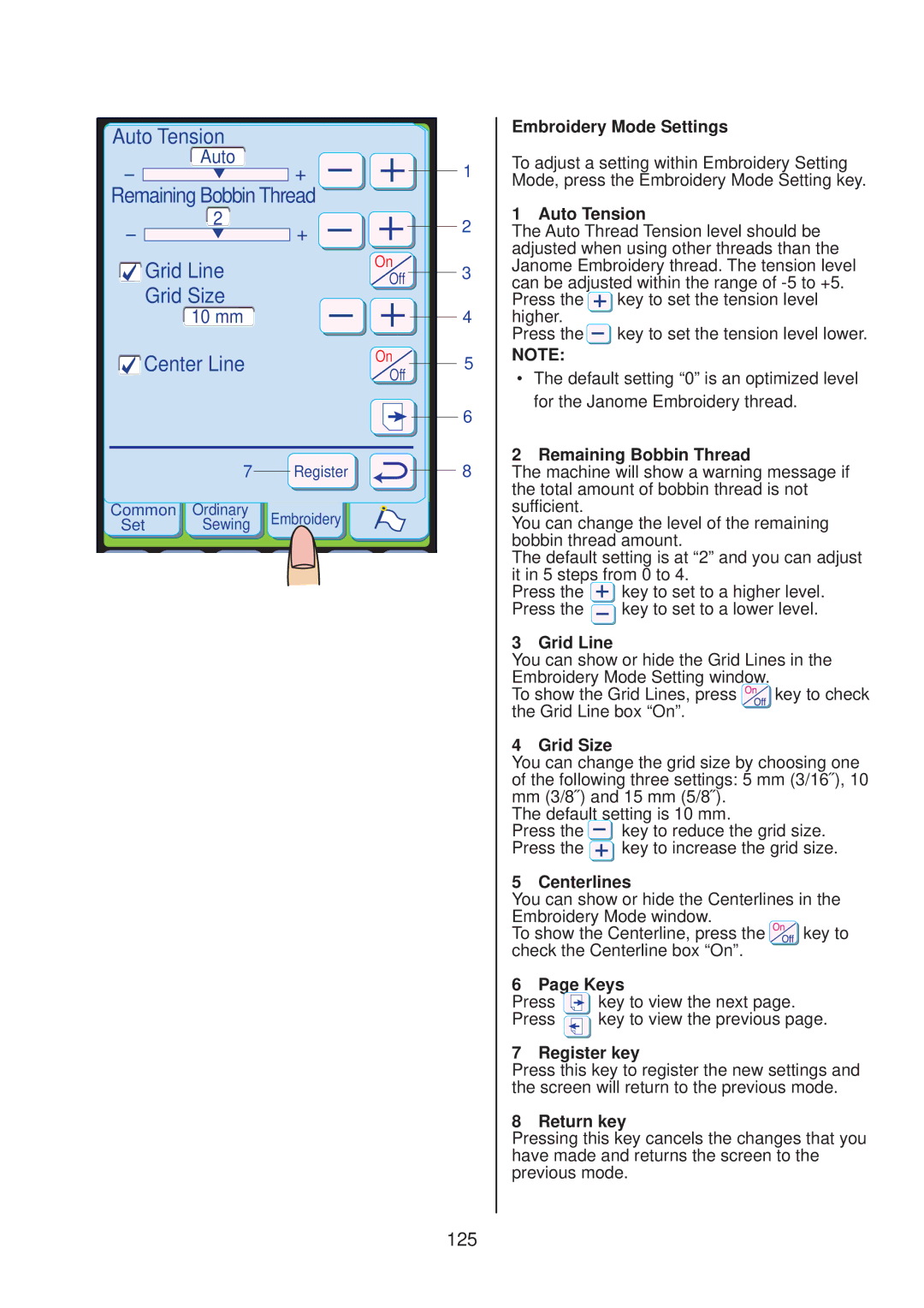 Janome 10001 manual 125, Embroidery Mode Settings 