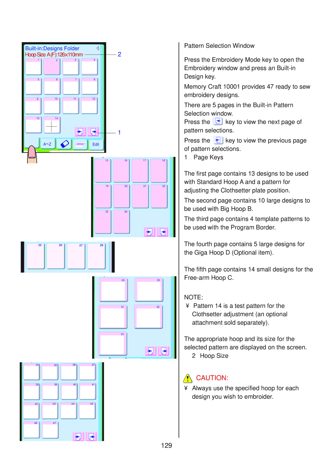 Janome 10001 manual 129, Pattern Selection Window 