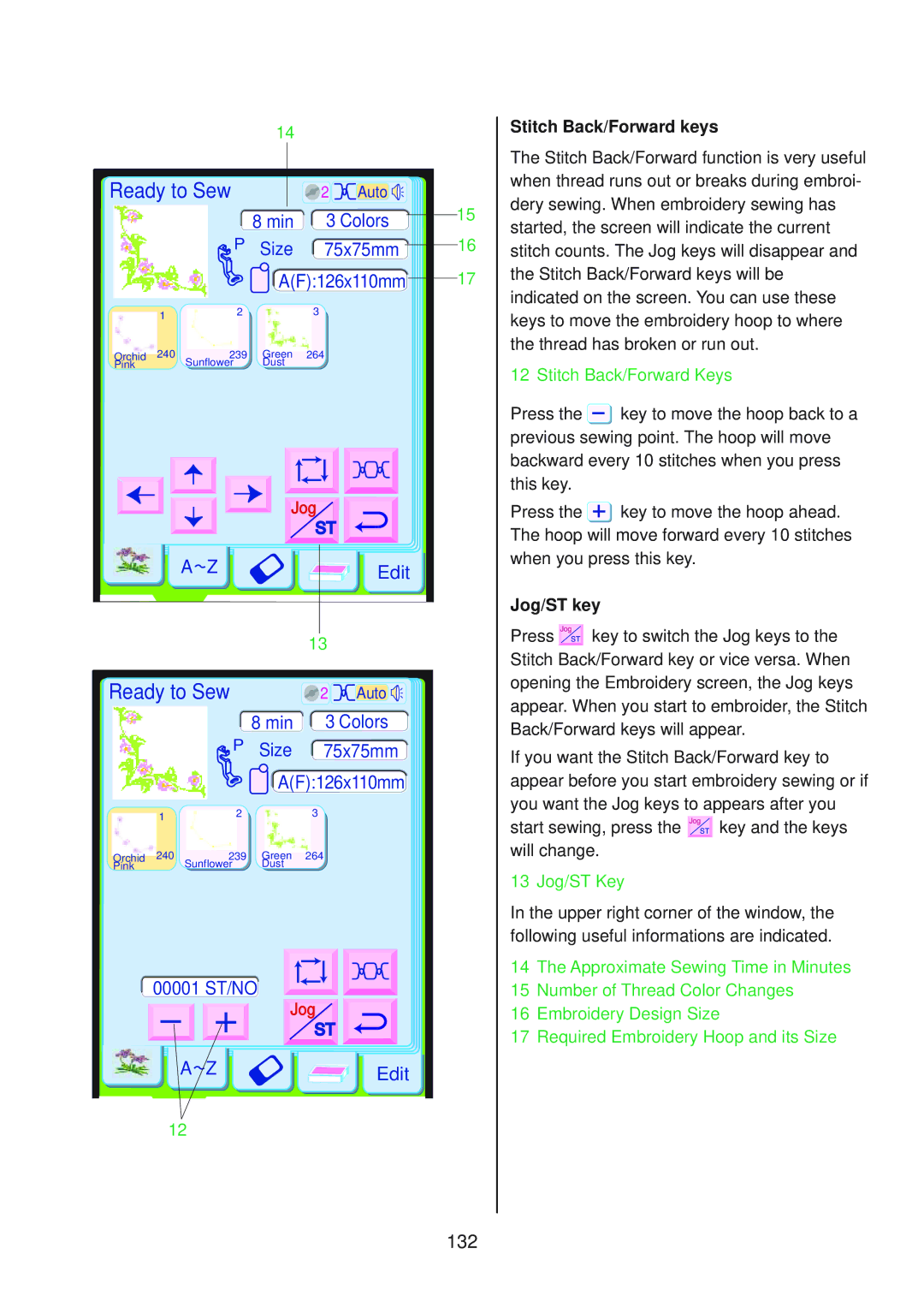 Janome 10001 manual 132, Stitch Back/Forward keys, Jog/ST key 