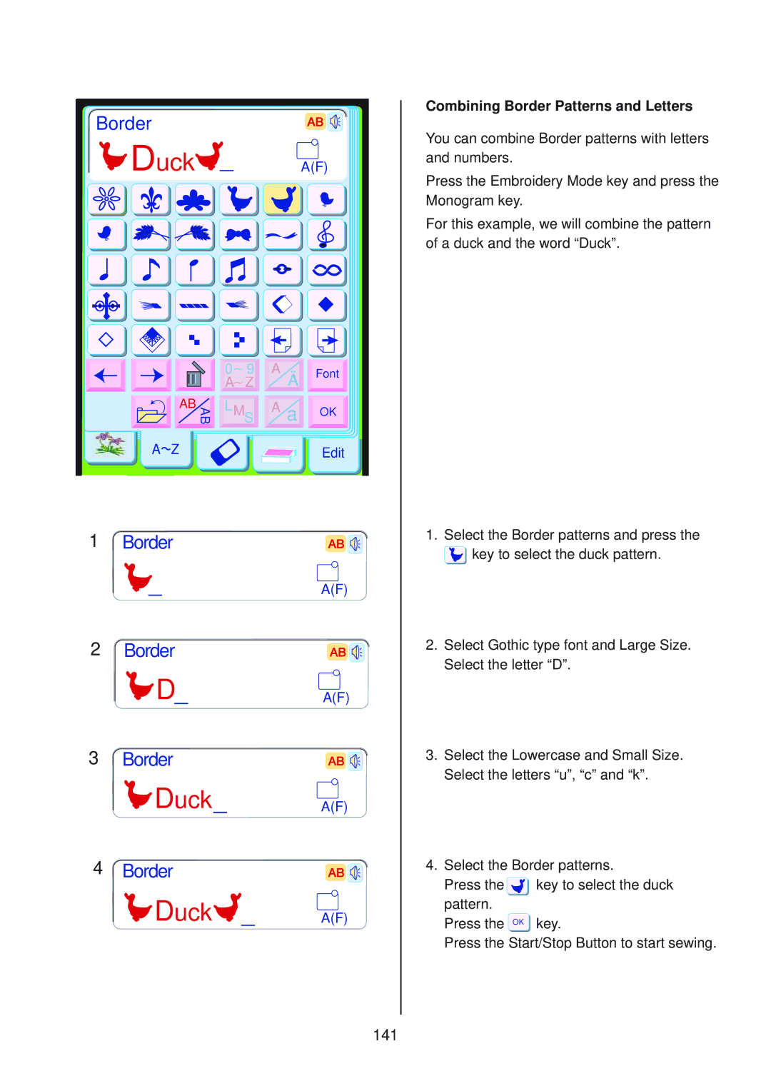 Janome 10001 manual 141, Combining Border Patterns and Letters 