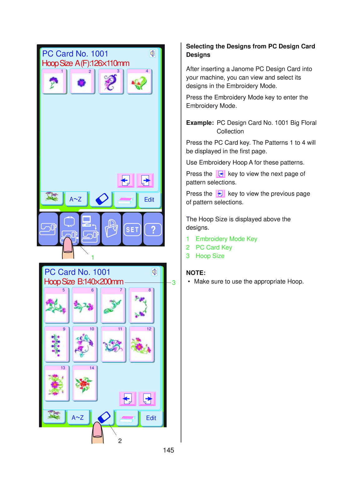 Janome 10001 manual PC Card No, 145, Selecting the Designs from PC Design Card Designs 