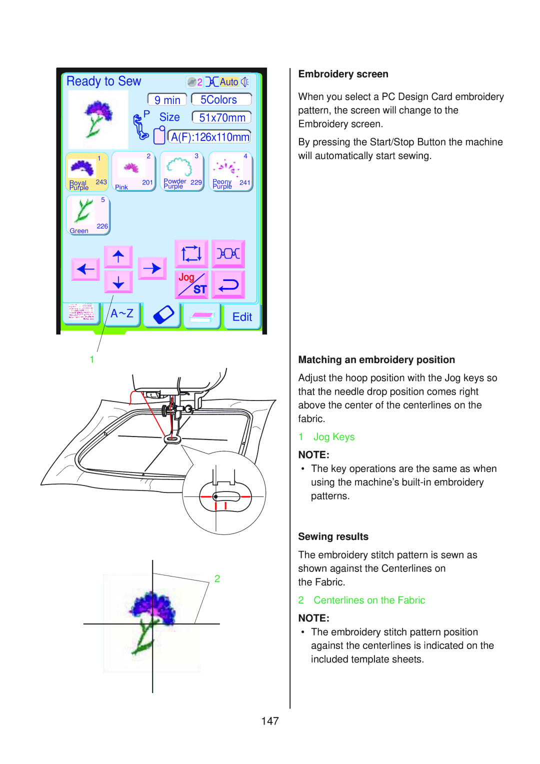 Janome 10001 manual 147, Matching an embroidery position 