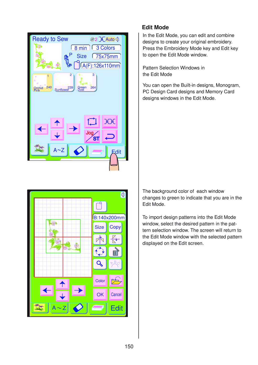 Janome 10001 manual Ready to Sew, Edit Mode, 150 