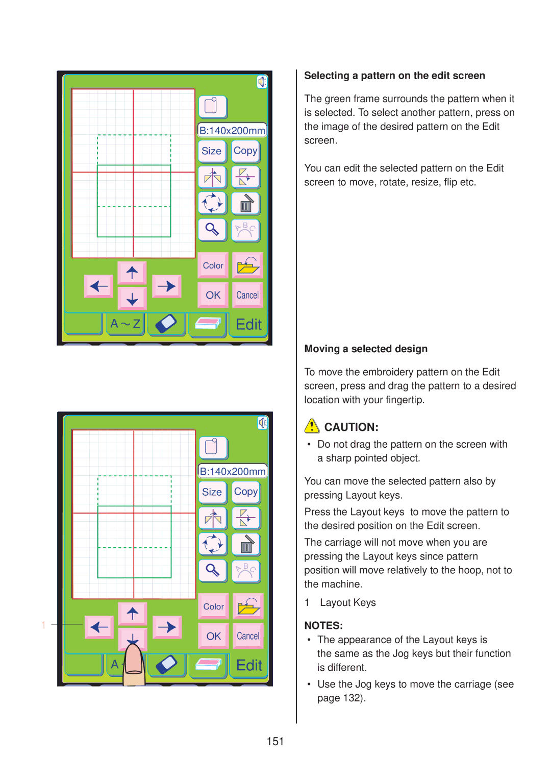 Janome 10001 manual 151, Selecting a pattern on the edit screen, Moving a selected design 