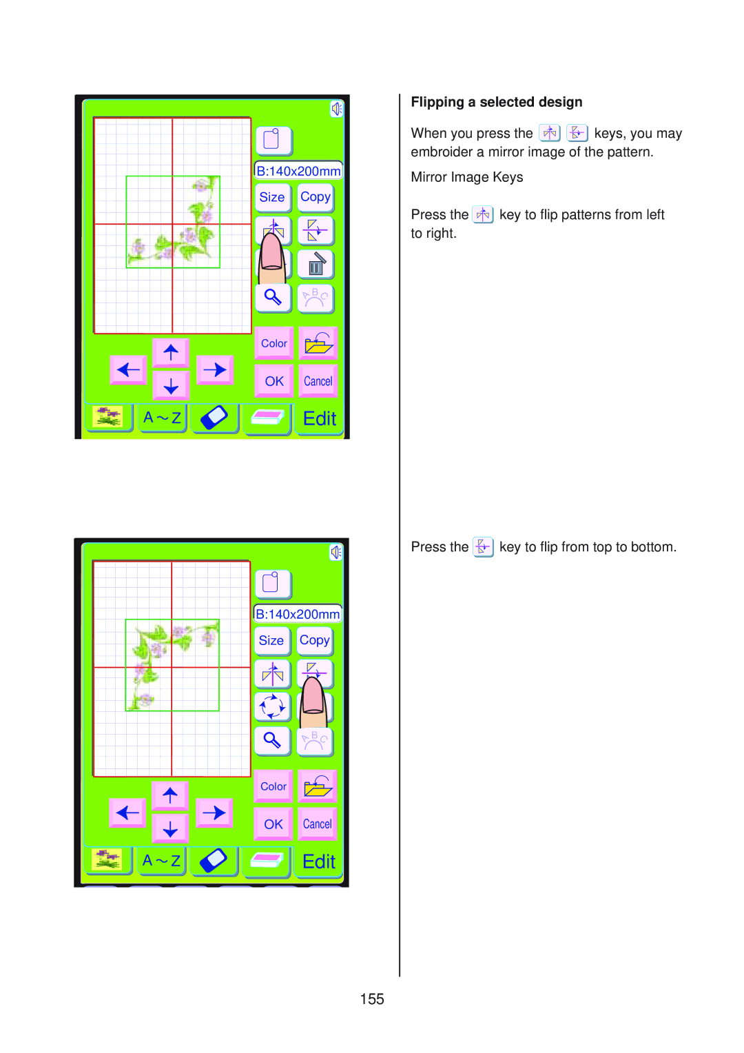 Janome 10001 manual 155, Flipping a selected design 