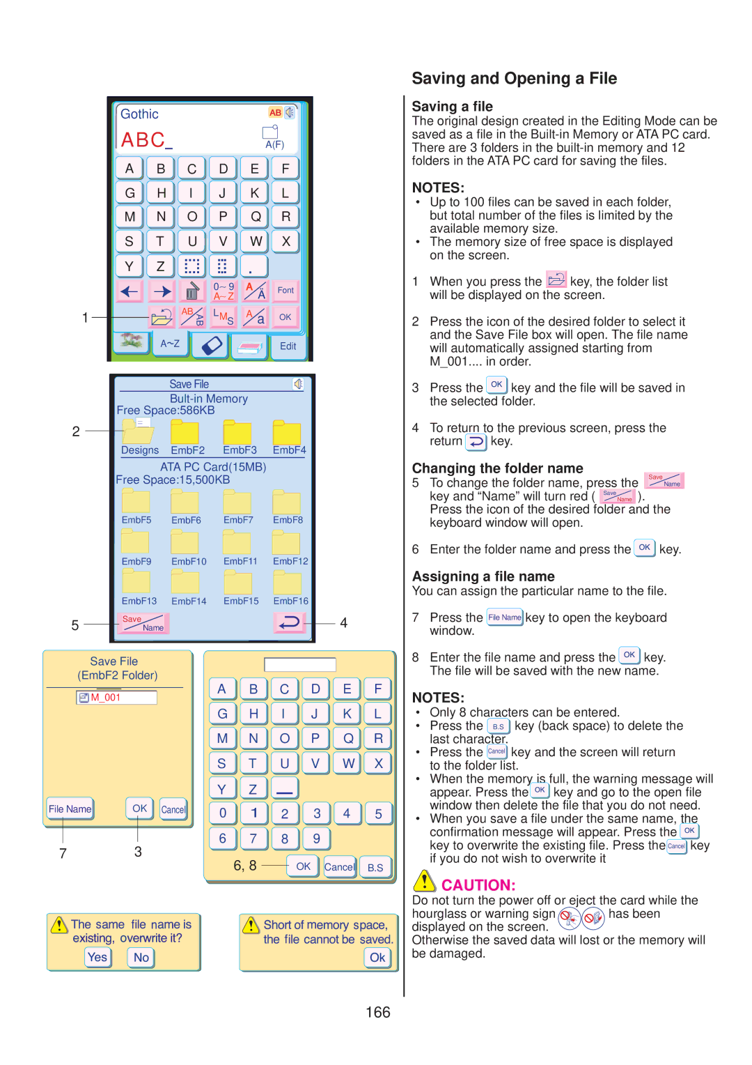 Janome 10001 manual Saving and Opening a File, 166 