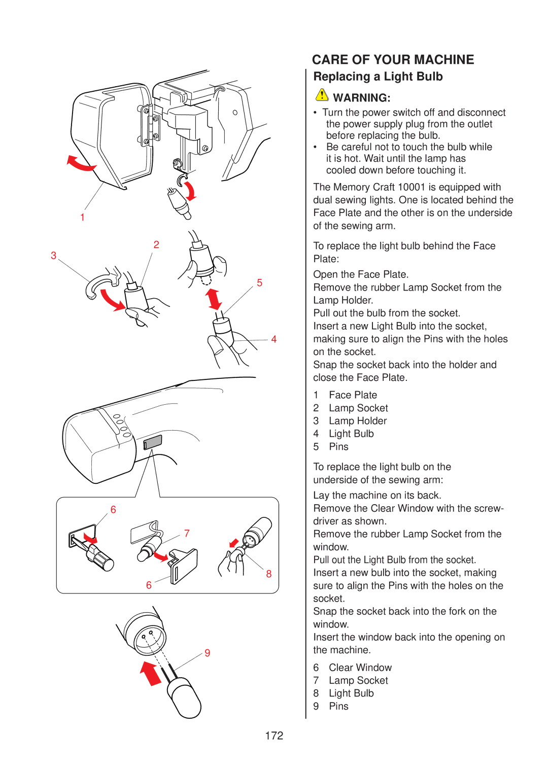 Janome 10001 manual Replacing a Light Bulb, 172 