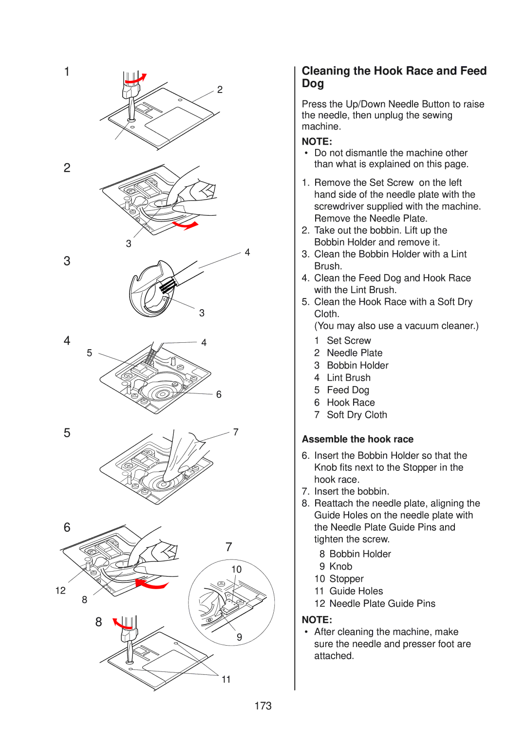 Janome 10001 manual Cleaning the Hook Race and Feed Dog, 173, Assemble the hook race 