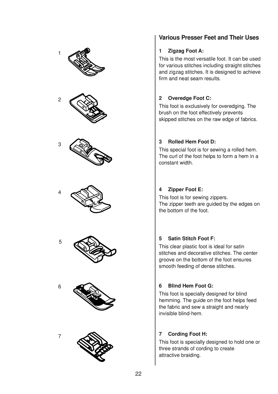 Janome 10001 manual Various Presser Feet and Their Uses 