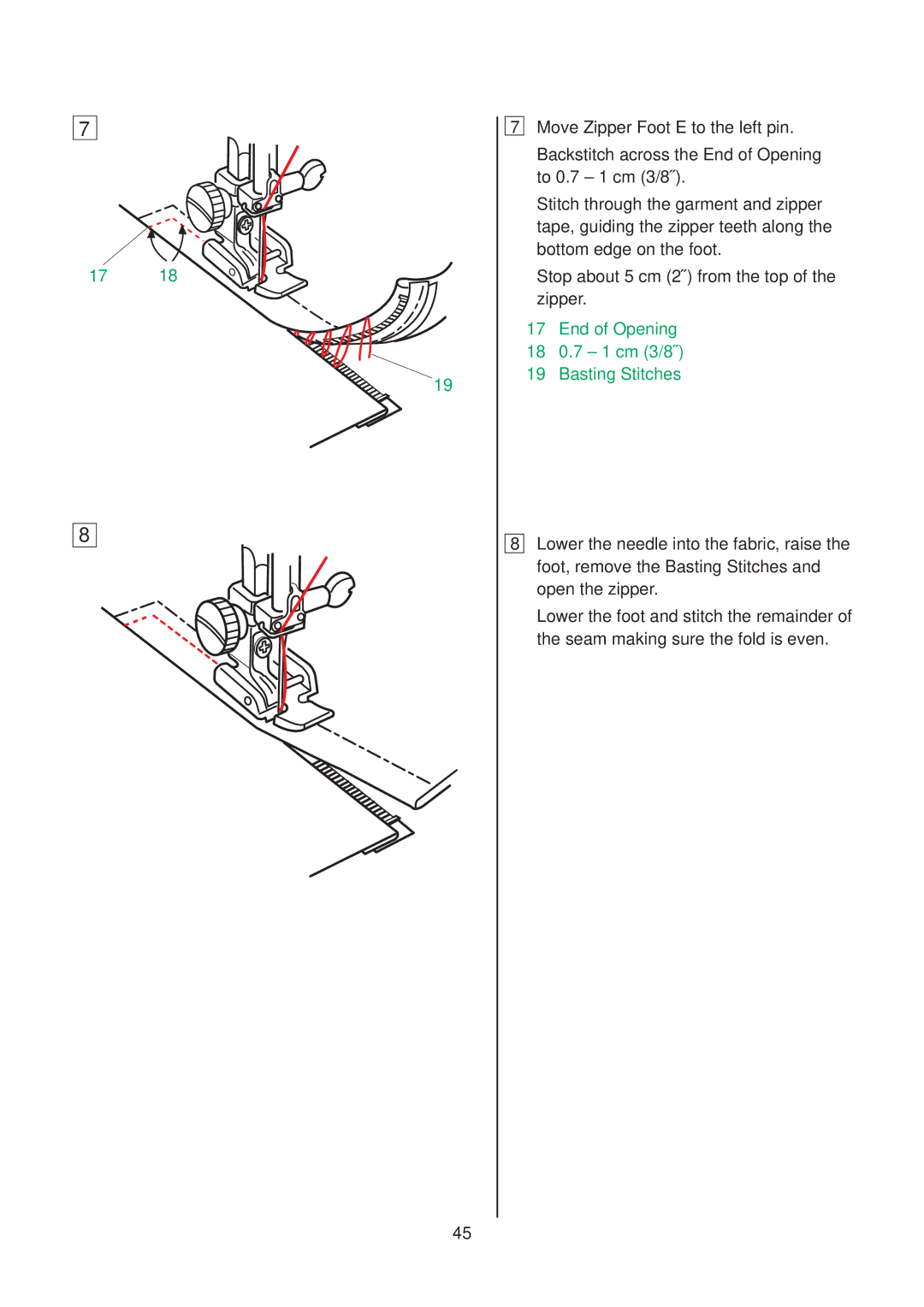 Janome 10001 manual End of Opening 18 0.7 1 cm 3/8˝ Basting Stitches 