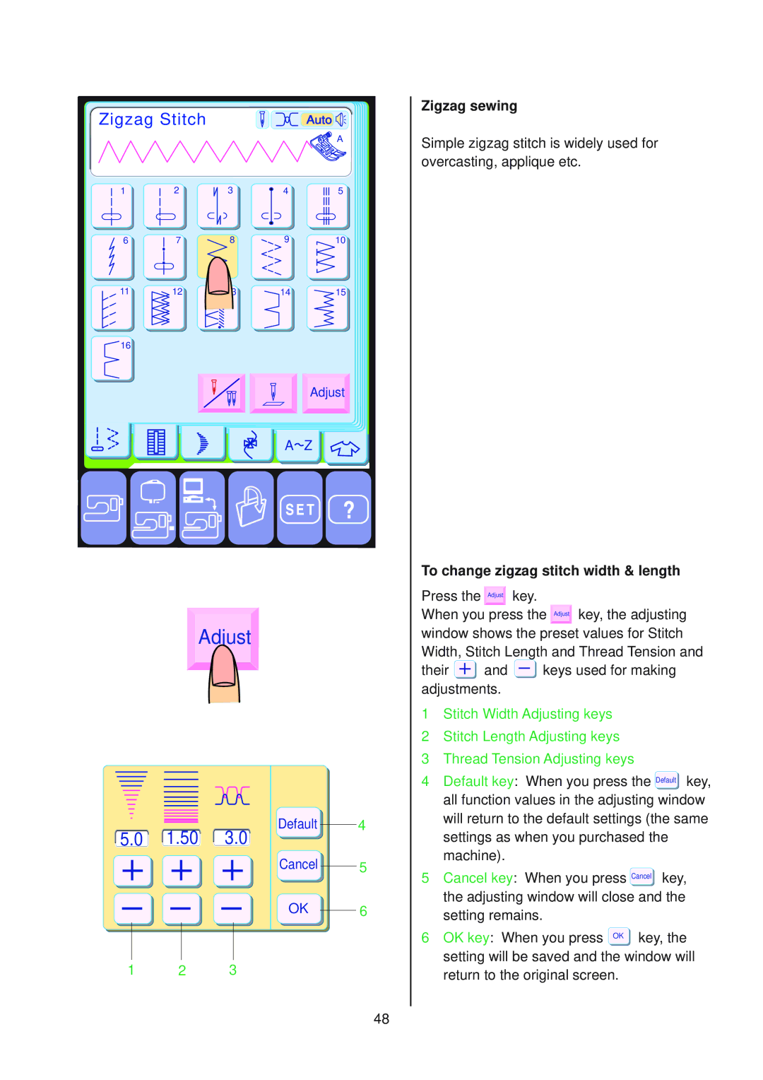 Janome 10001 manual 1.50, Zigzag sewing, To change zigzag stitch width & length 