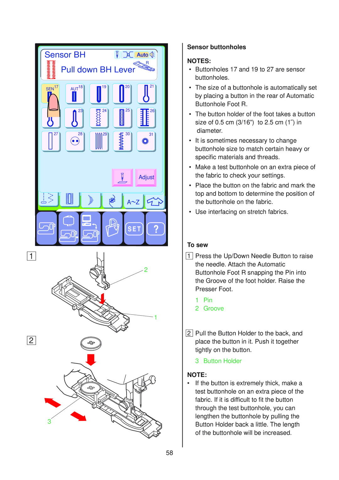 Janome 10001 manual Sensor BH, Pull down BH Lever, Sensor buttonholes 