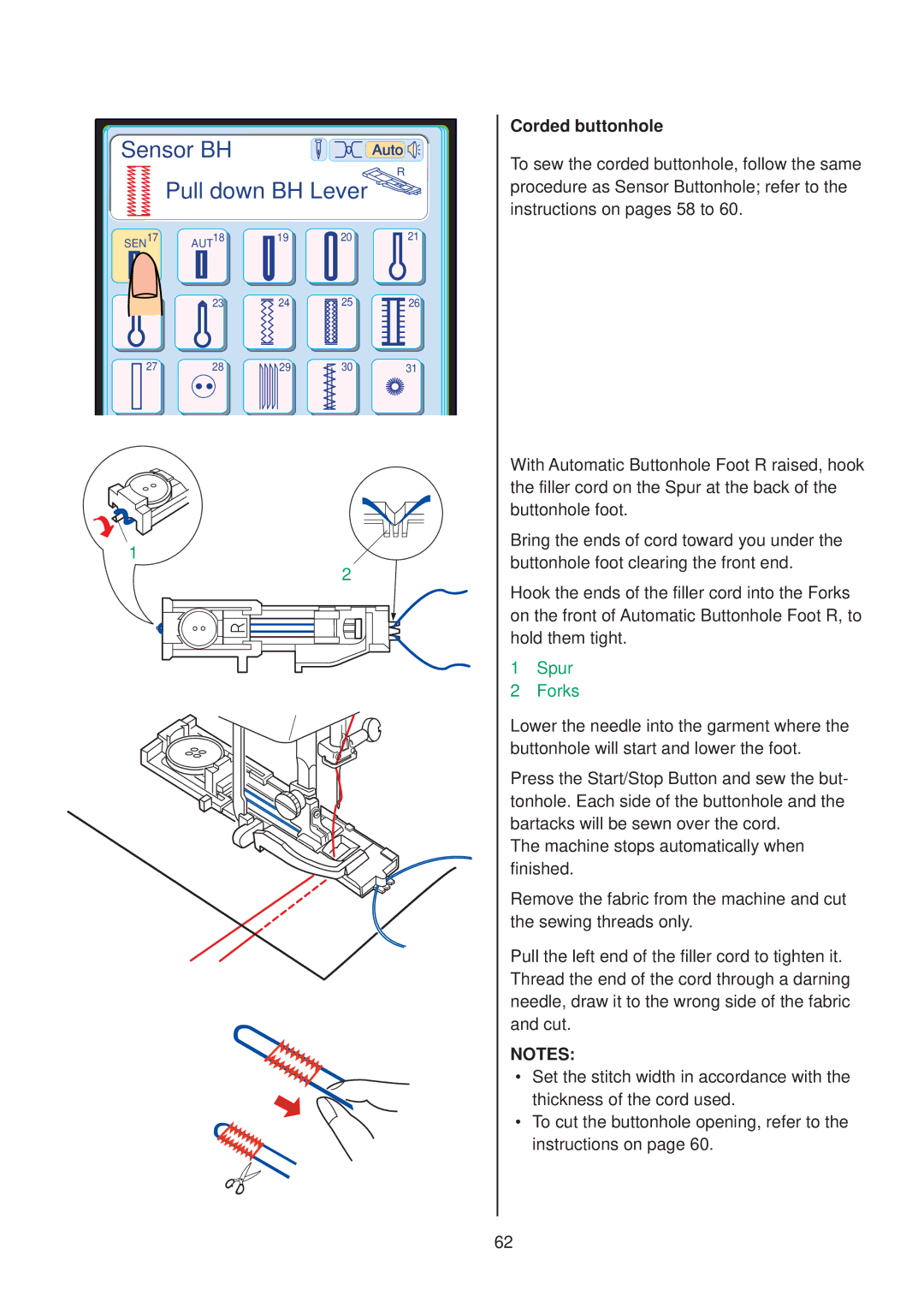 Janome 10001 manual Pull down BH Lever, Corded buttonhole 