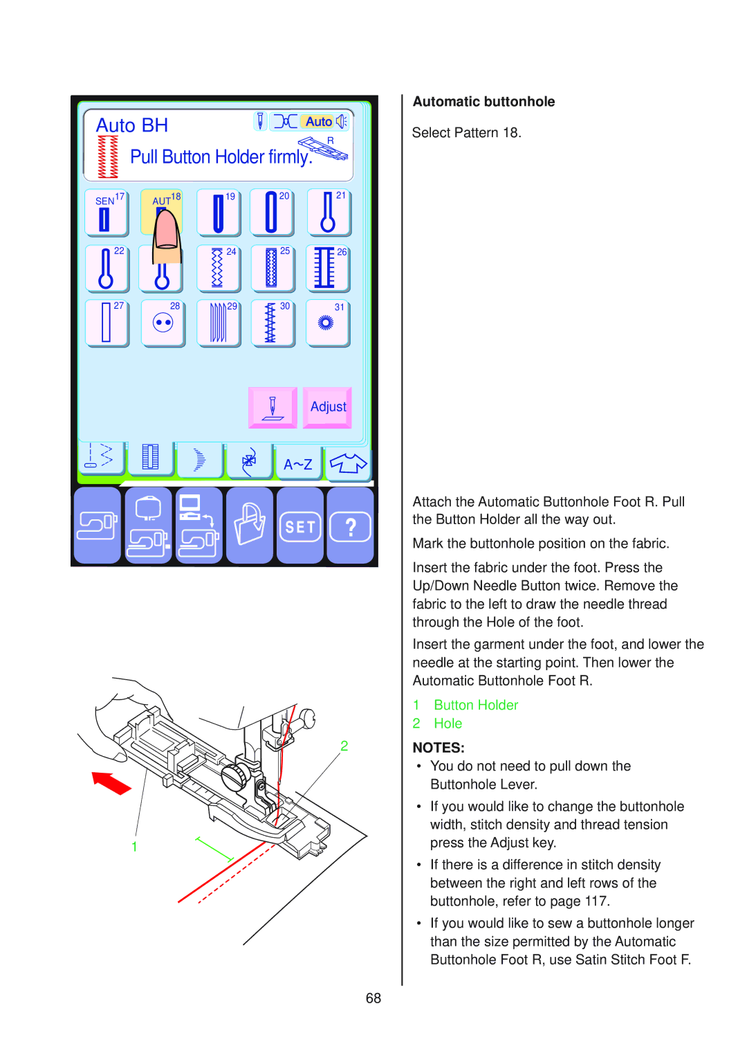 Janome 10001 manual Auto BH, Automatic buttonhole 