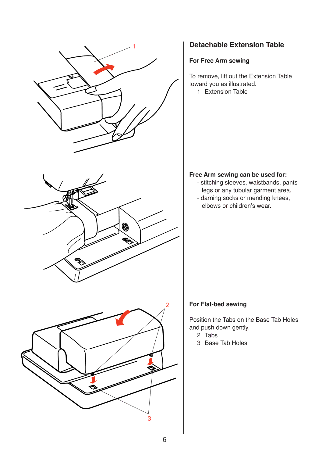 Janome 10001 manual Detachable Extension Table, For Free Arm sewing, Free Arm sewing can be used for, For Flat-bed sewing 