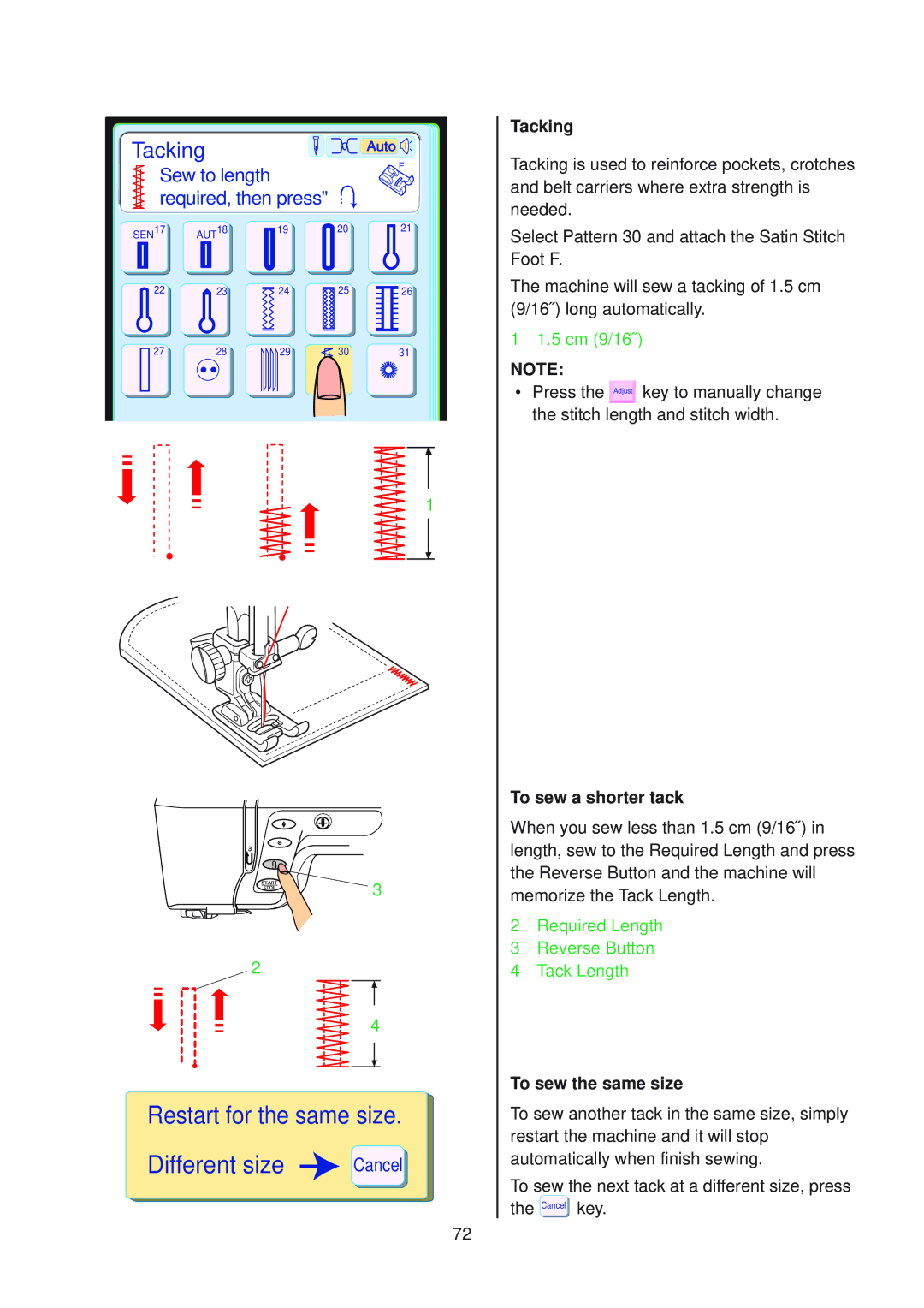 Janome 10001 manual Tacking, To sew a shorter tack, To sew the same size 