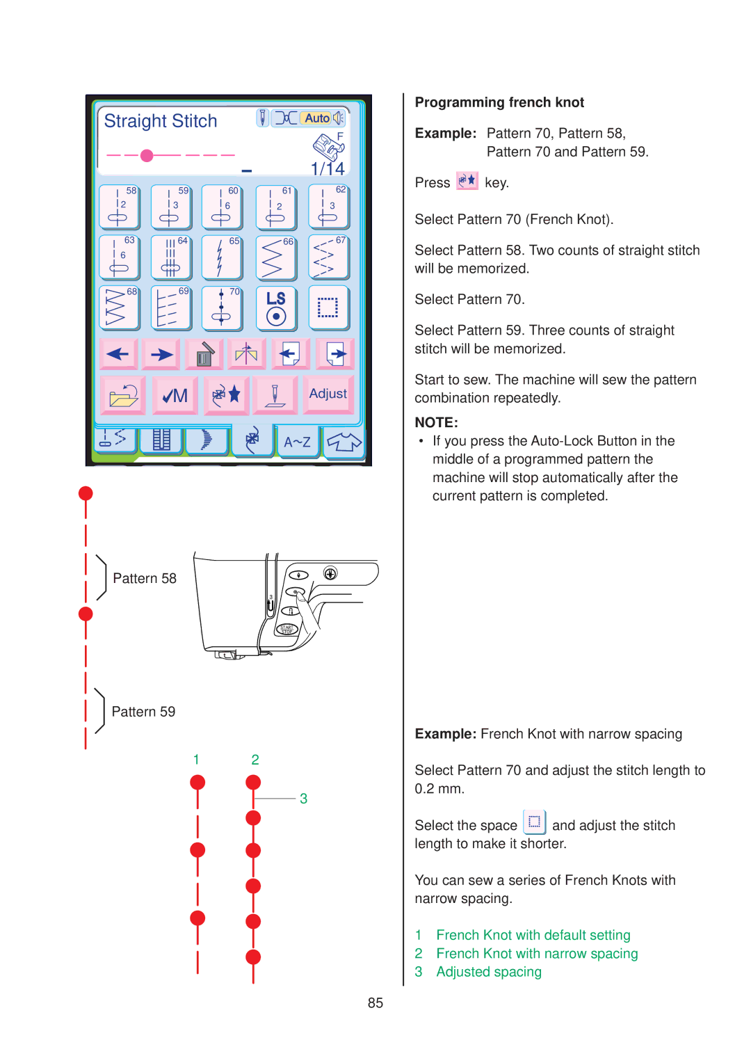 Janome 10001 manual Straight Stitch, Programming french knot 