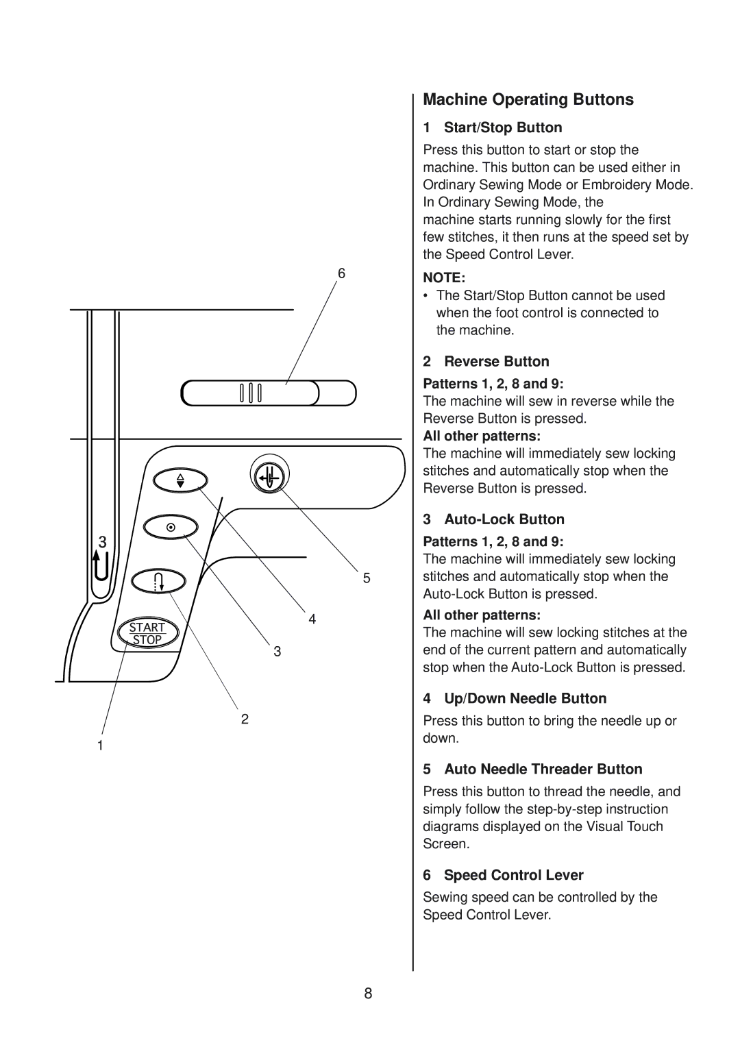 Janome 10001 manual Machine Operating Buttons, Patterns 1, 2, 8, All other patterns 