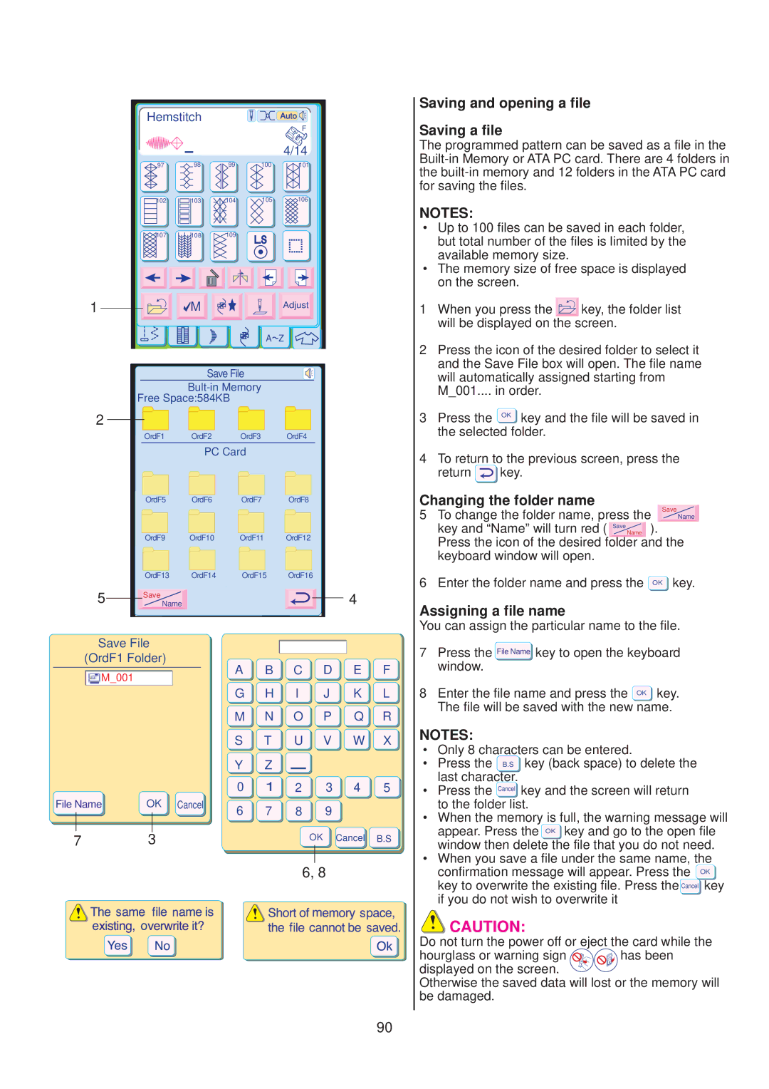 Janome 10001 manual Saving and opening a file Saving a file, Changing the folder name, Assigning a file name 