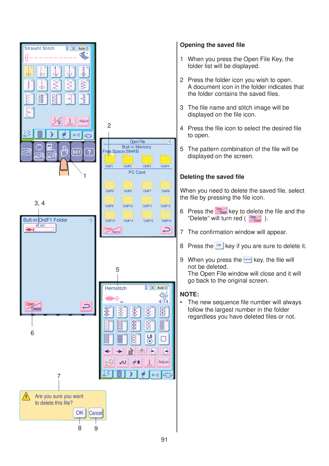 Janome 10001 manual Opening the saved file, Deleting the saved file 