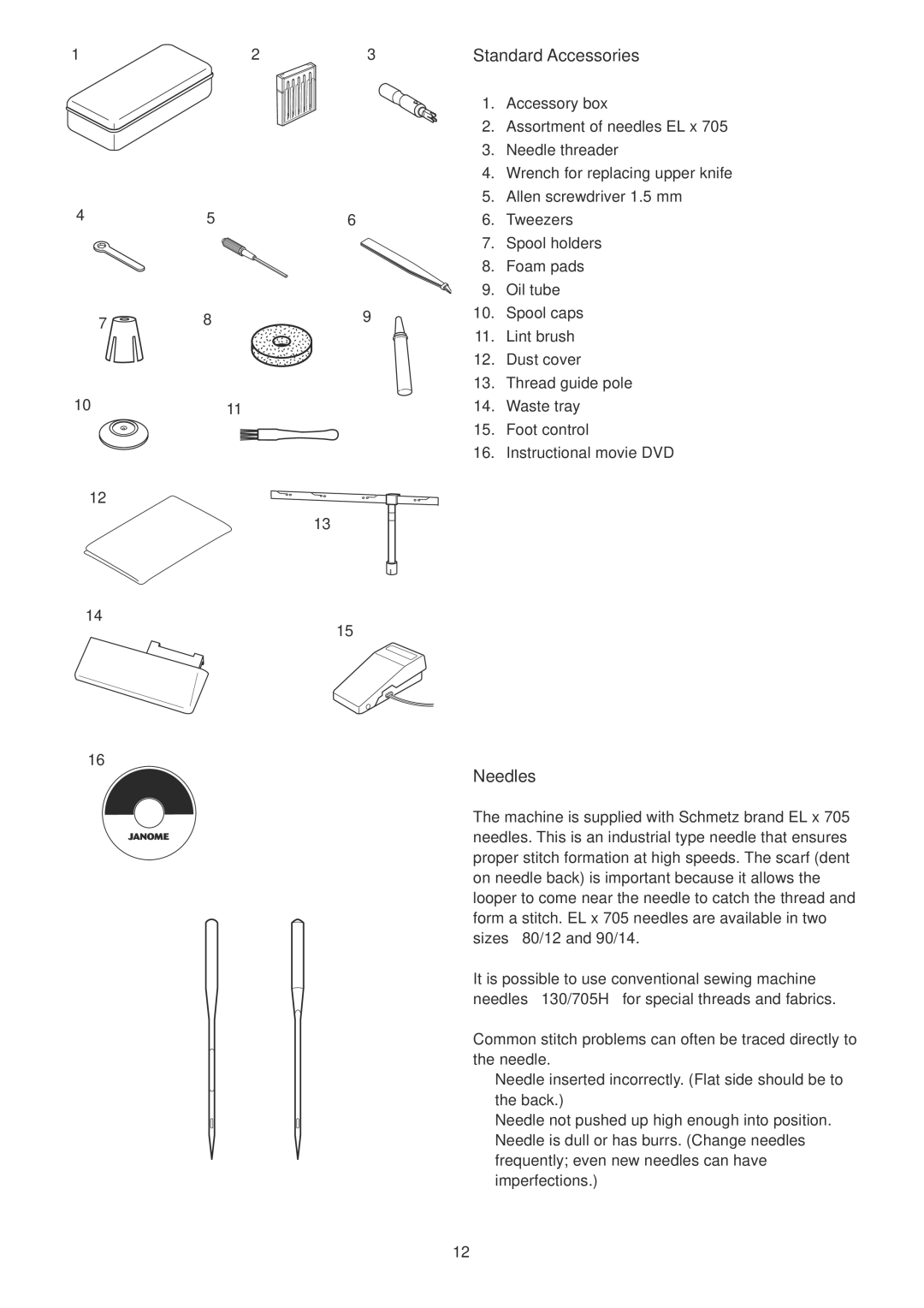 Janome 1100D Professional manual Standard Accessories, Needles 