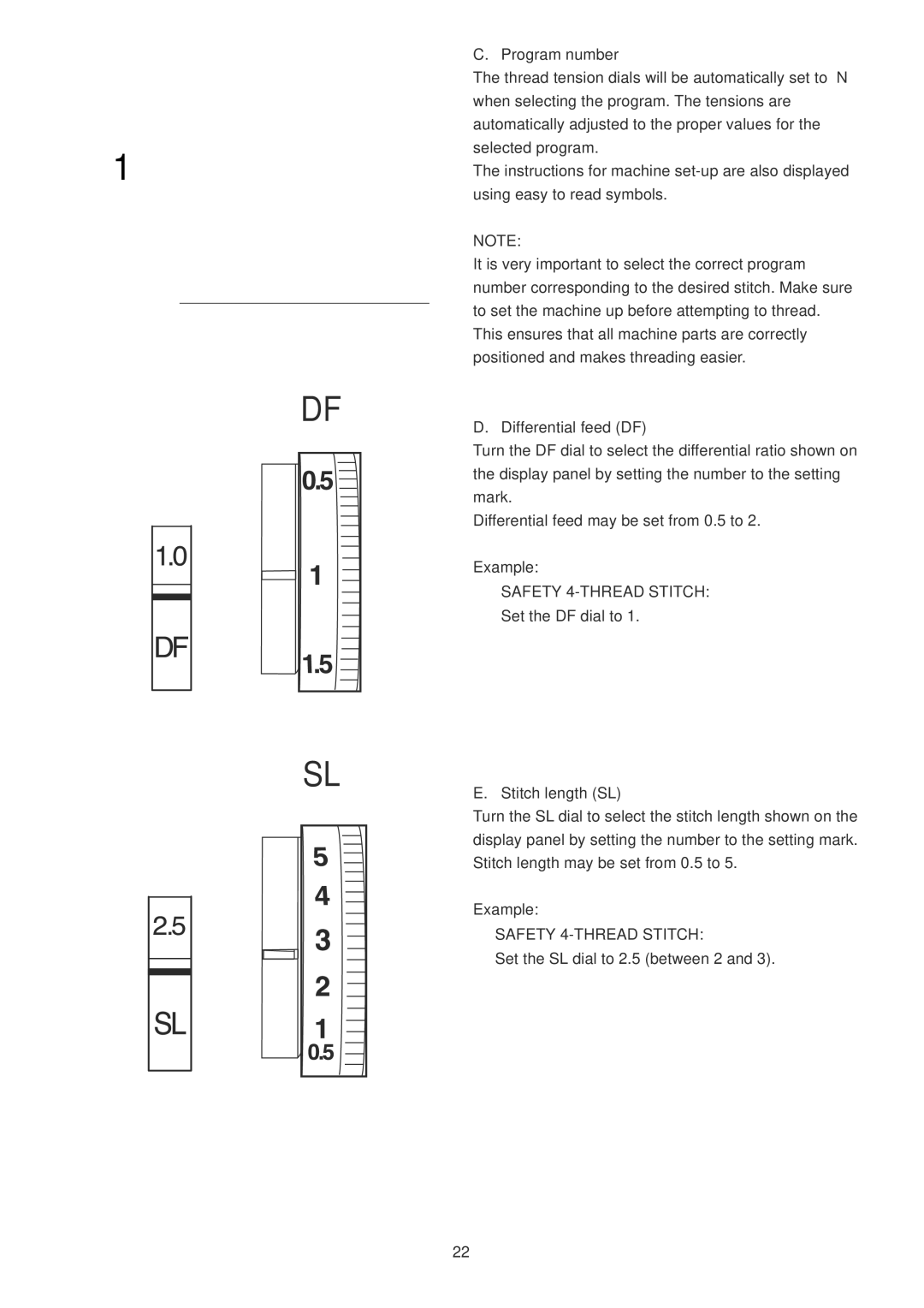 Janome 1100D Professional manual Program number, Differential feed DF, Stitch length SL 