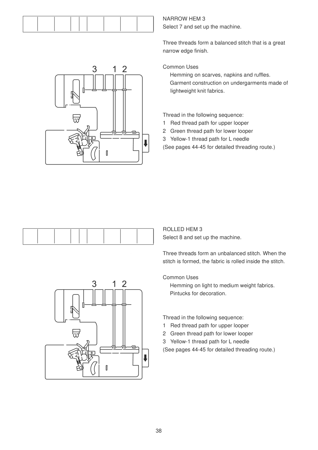 Janome 1100D Professional manual Narrow HEM, Select 7 and set up the machine, Rolled HEM, Select 8 and set up the machine 