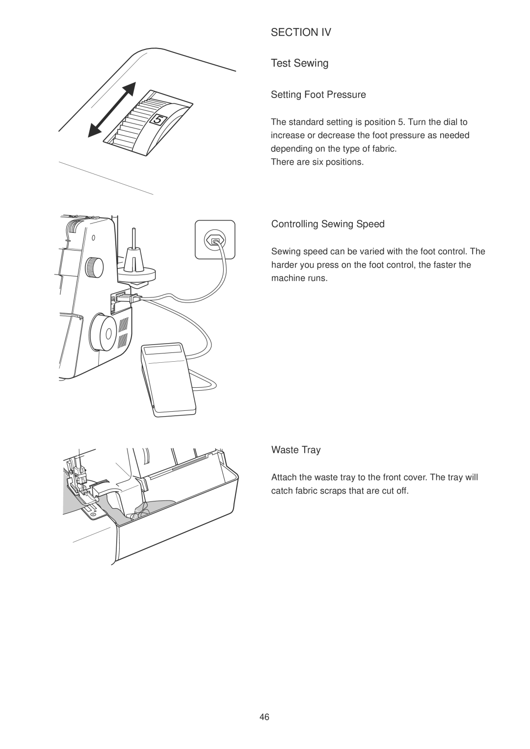 Janome 1100D Professional manual Test Sewing, Setting Foot Pressure, Controlling Sewing Speed, Waste Tray 