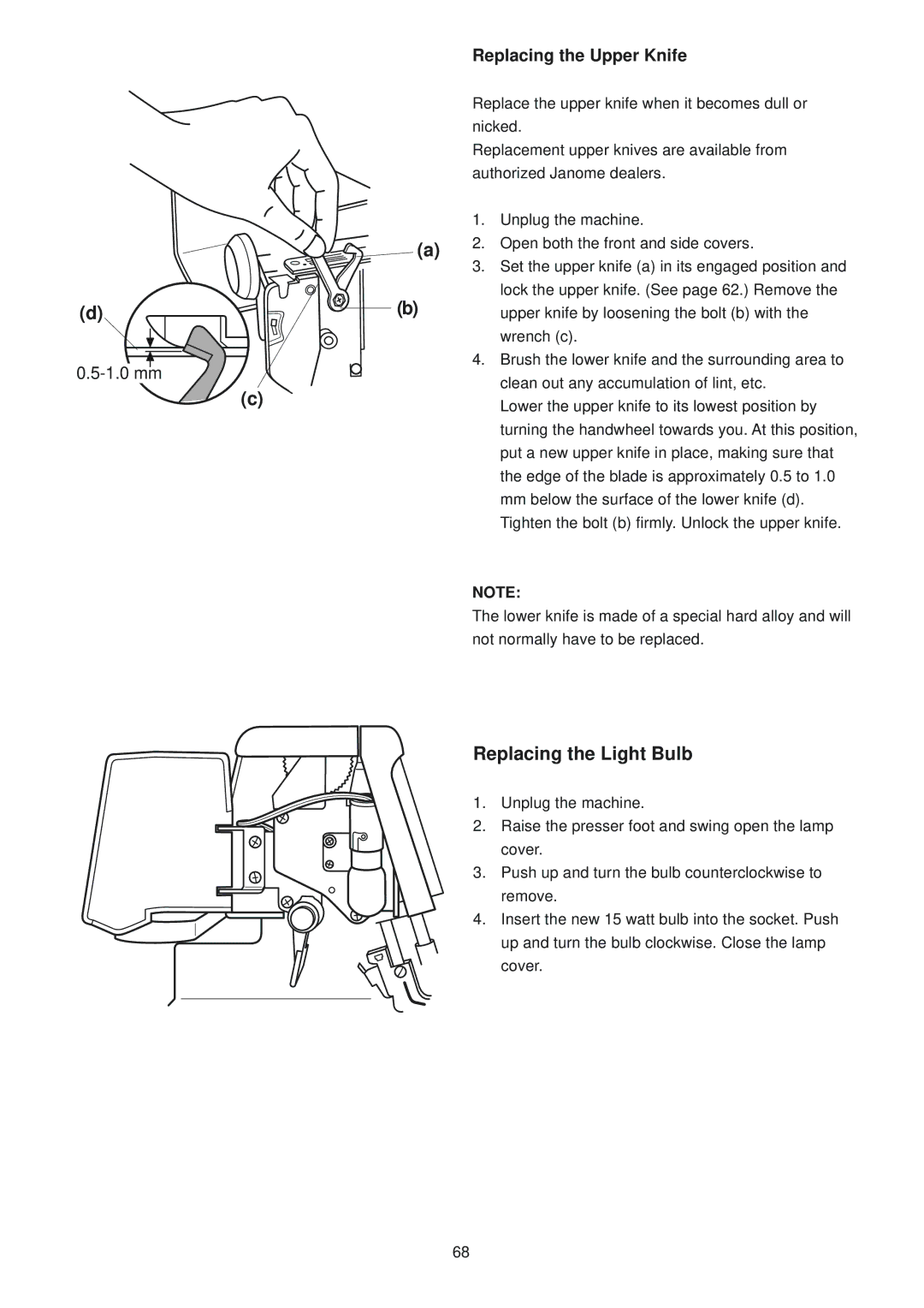 Janome 1100D Professional manual Replacing the Light Bulb, Replacing the Upper Knife 