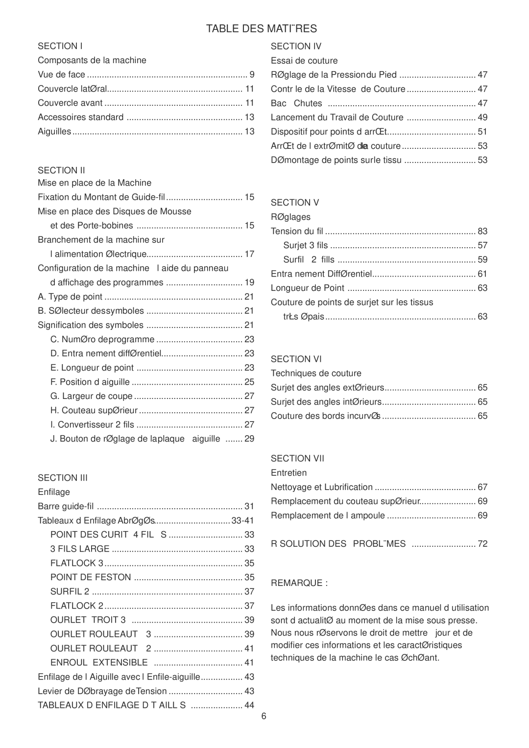 Janome 1100D Professional manual Section, Résolution DES Problèmes Remarque 