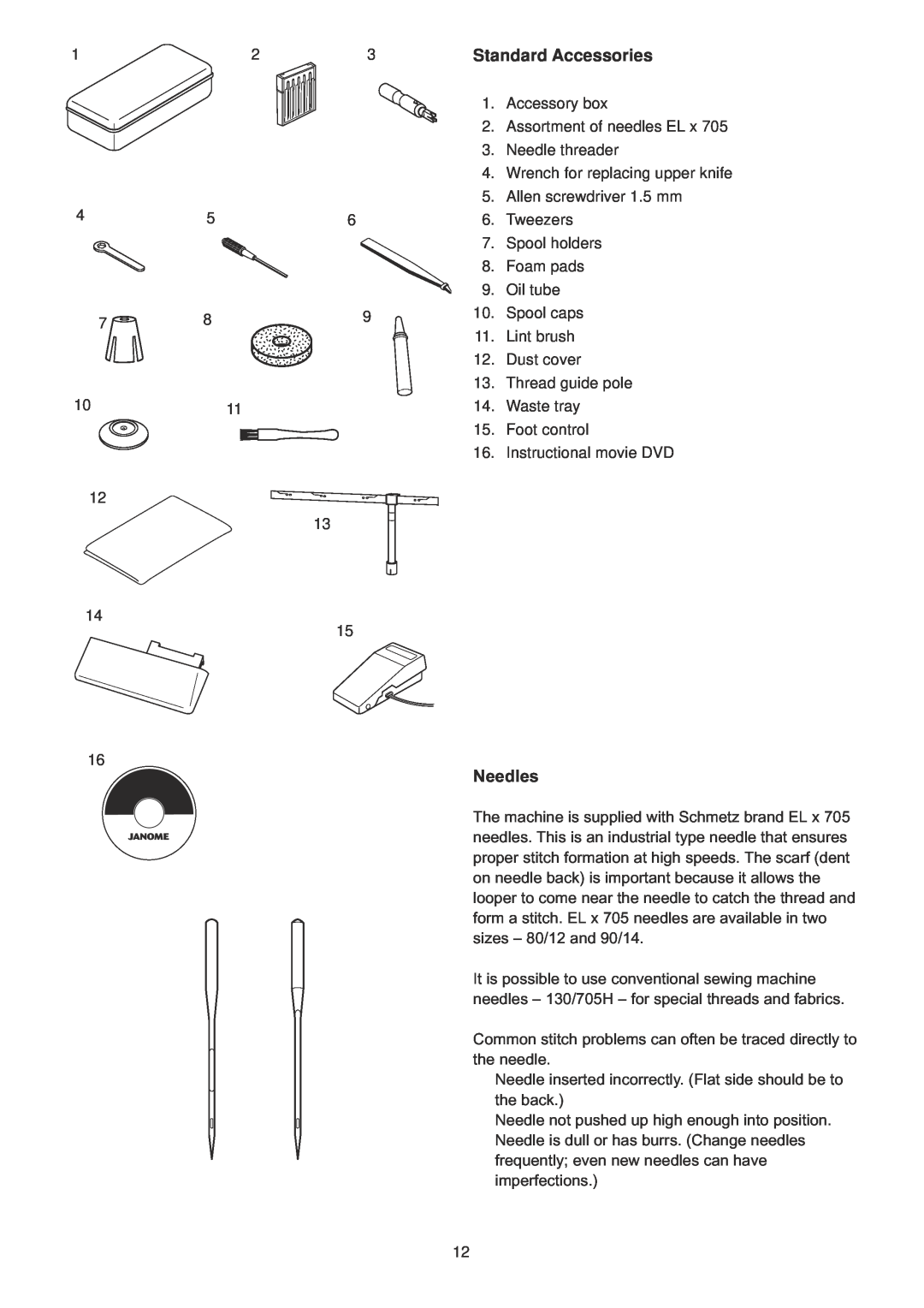 Janome 1100D Professional manual Standard Accessories, Needles 