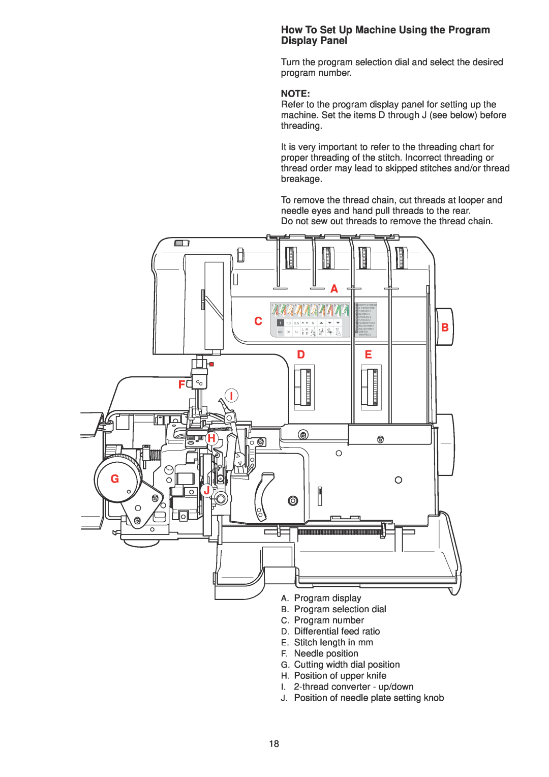 Janome 1100D Professional manual How To Set Up Machine Using the Program Display Panel, C F I H G J 