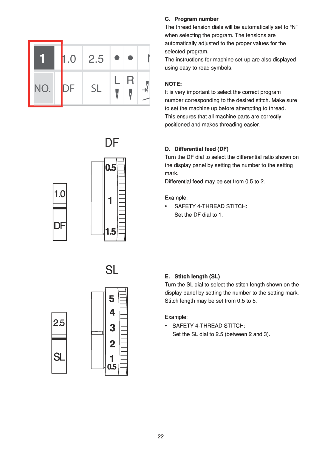Janome 1100D Professional manual C. Program number, D. Differential feed DF, E. Stitch length SL, 1.0 DF, L R Sl 