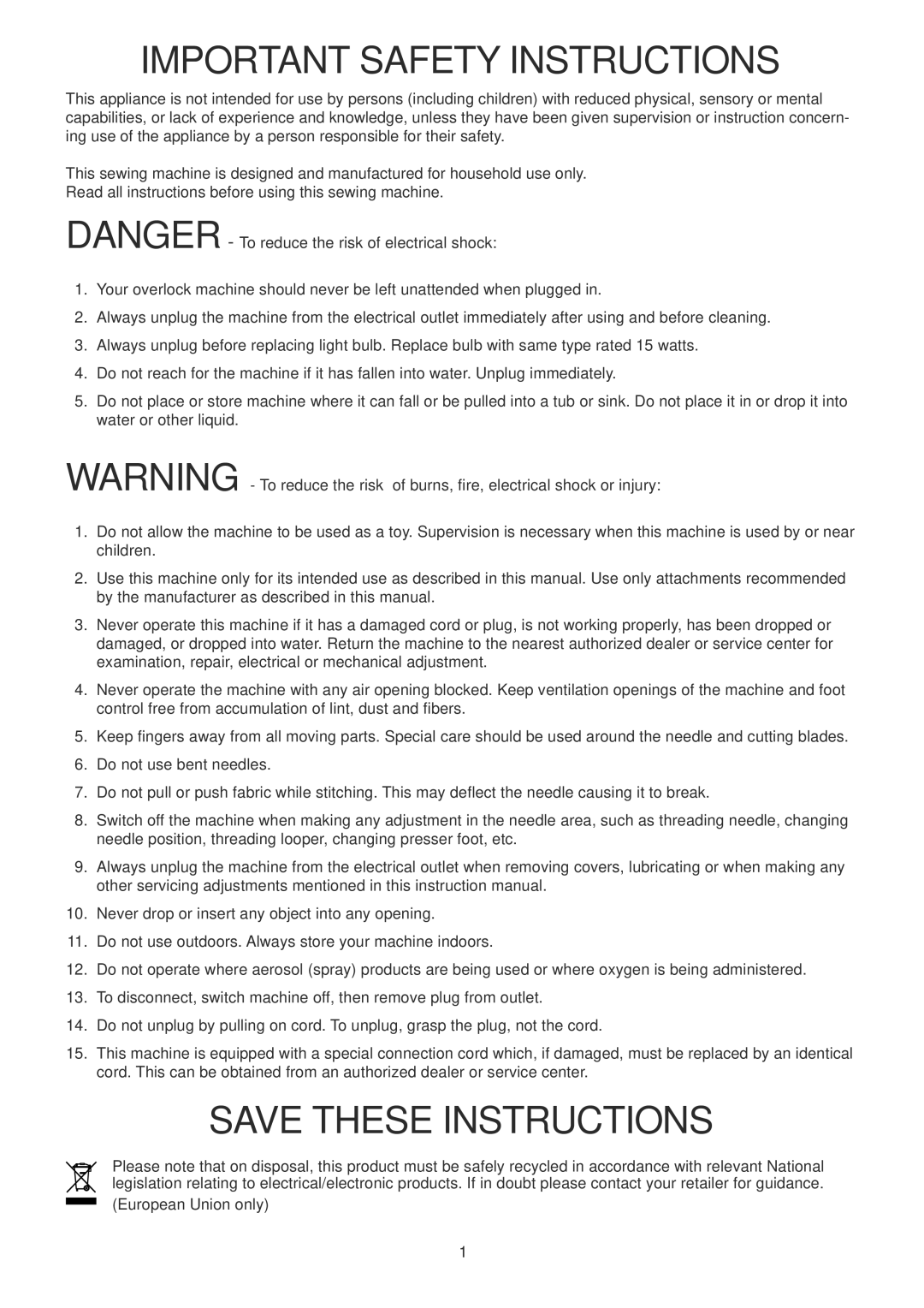 Janome 1100D manual Important Safety Instructions 