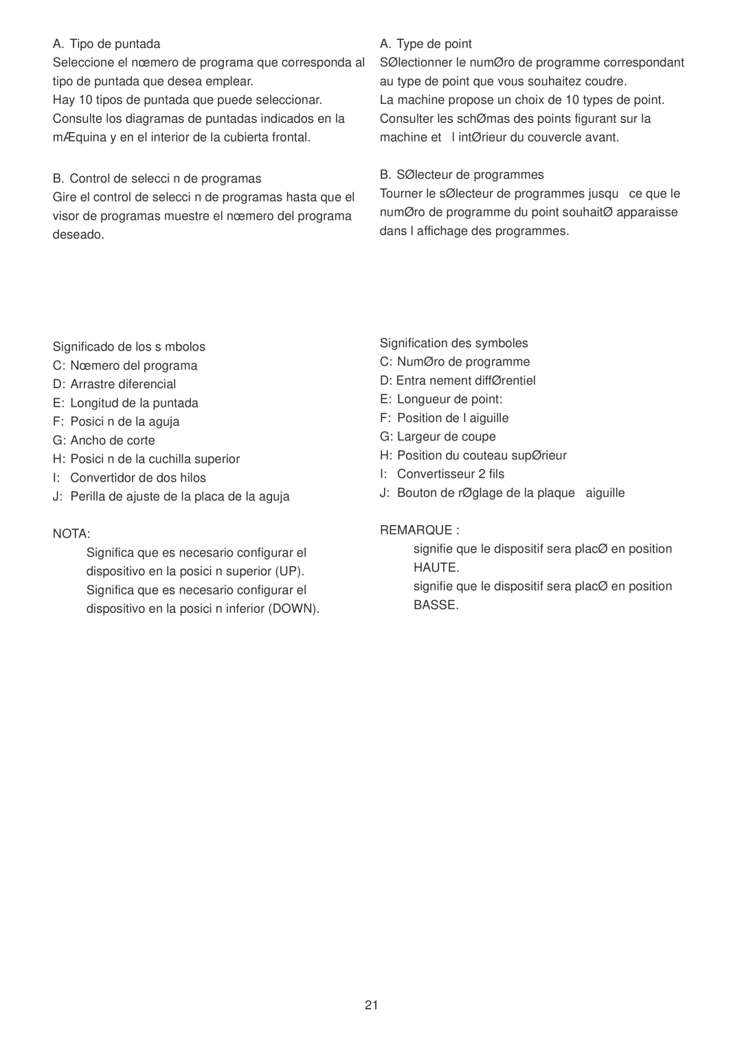 Janome 1100D manual Tipo de puntada, Control de selección de programas, Significado de los símbolos, Type de point 