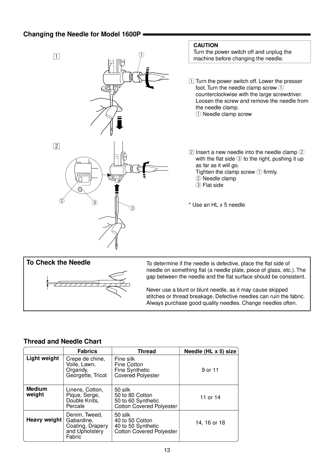 Janome 1600P Series manual Changing the Needle for Model 1600P, To Check the Needle, Thread and Needle Chart 