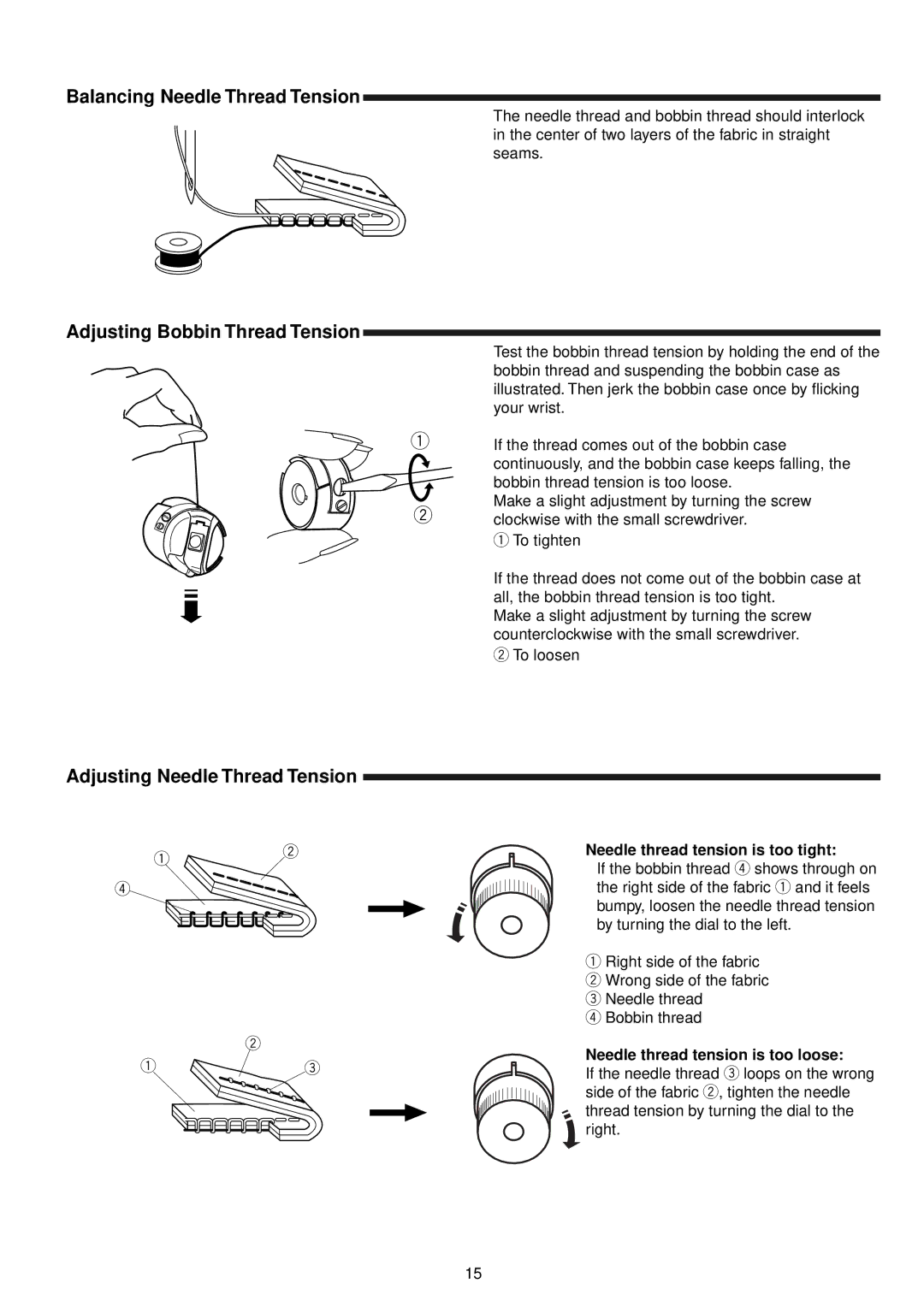 Janome 1600P Series Balancing Needle Thread Tension, Adjusting Bobbin Thread Tension, Adjusting Needle Thread Tension 