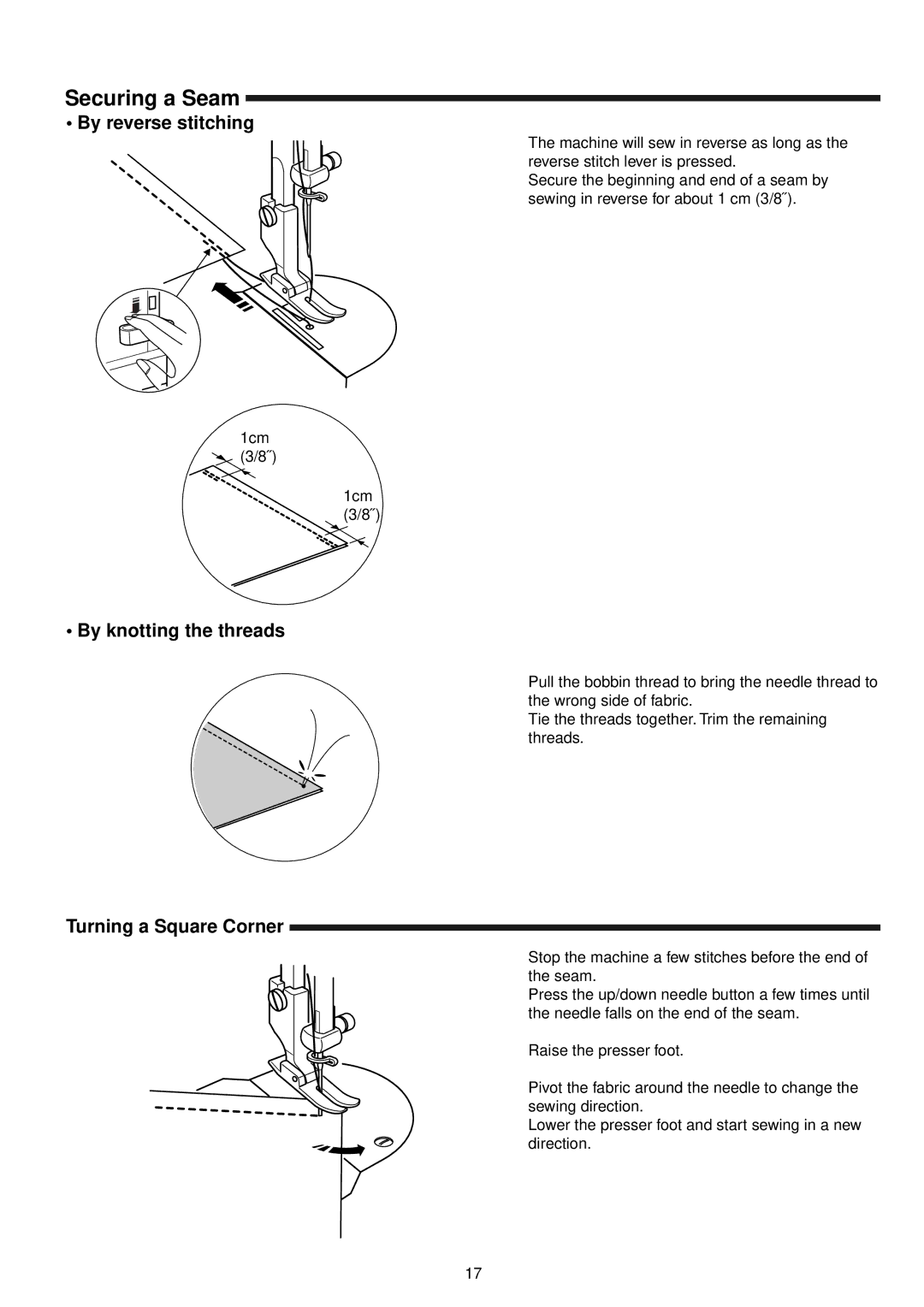 Janome 1600P Series manual By reverse stitching, By knotting the threads, Turning a Square Corner 