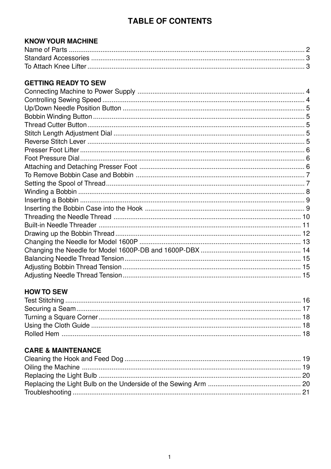 Janome 1600P Series manual Table of Contents 